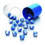 Blue globes from drug capsule